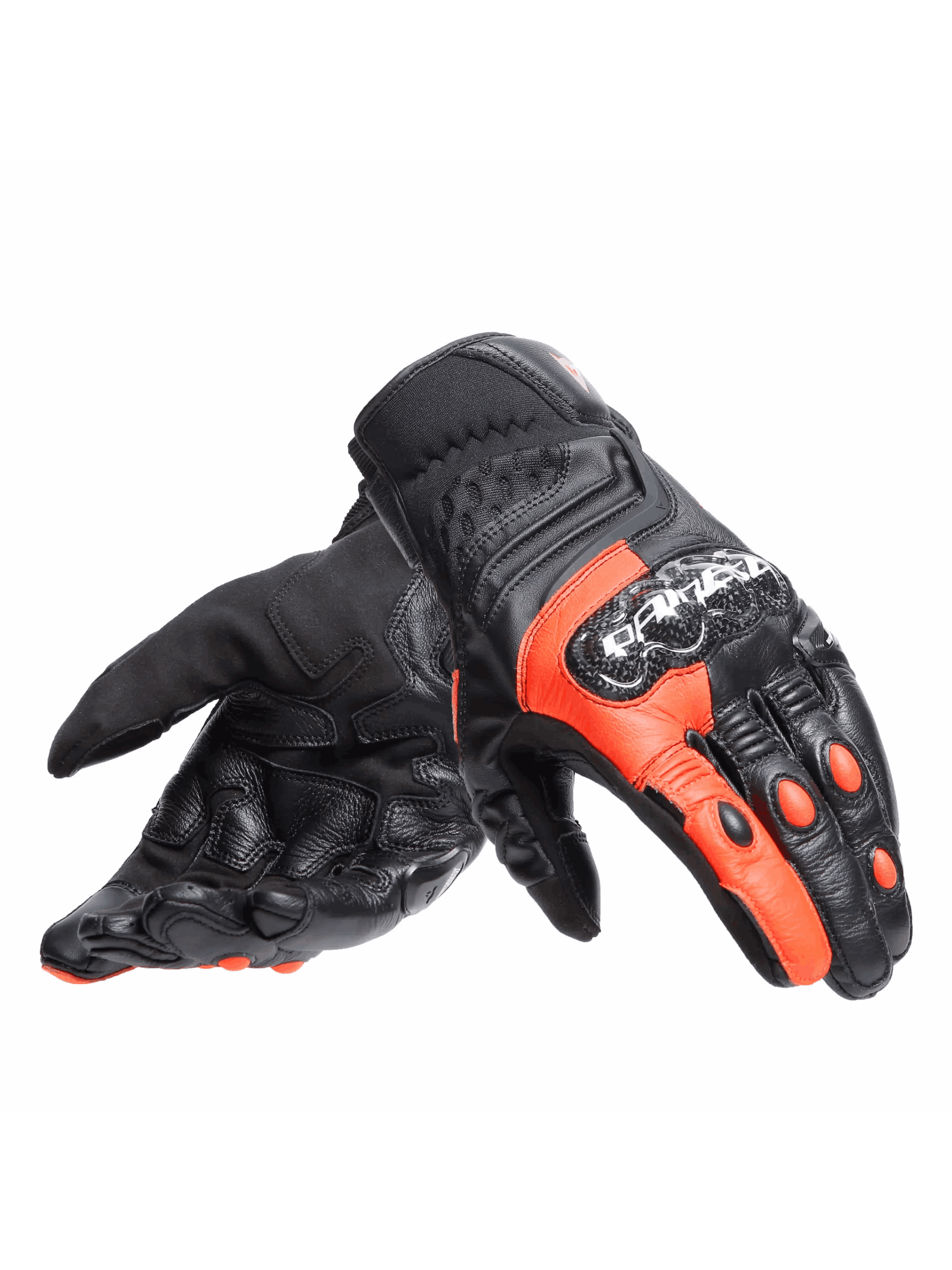 Luva Dainese Carbon 4 Curta Couro Preto e Vermelho Fluo