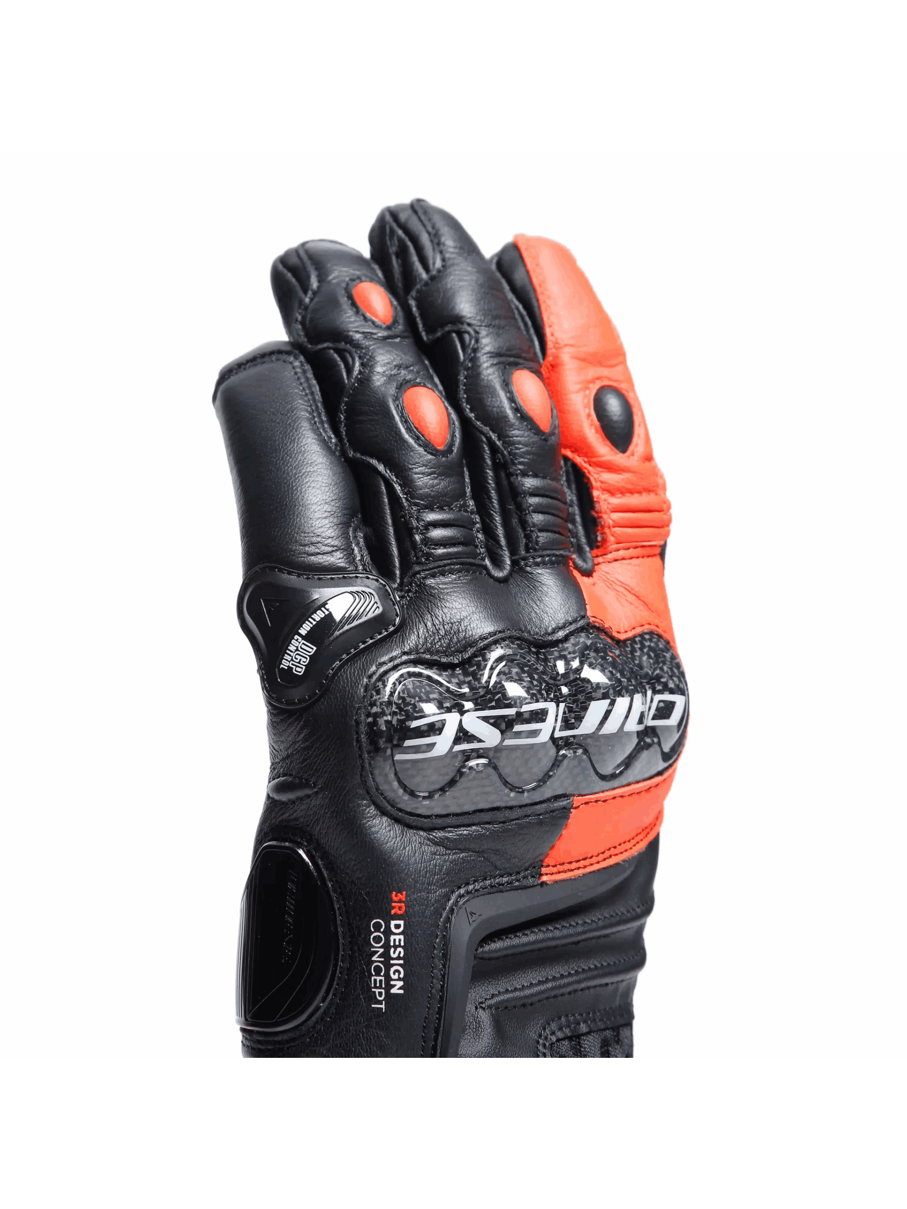 Luva Dainese Carbon 4 Curta Couro Preto e Vermelho Fluo